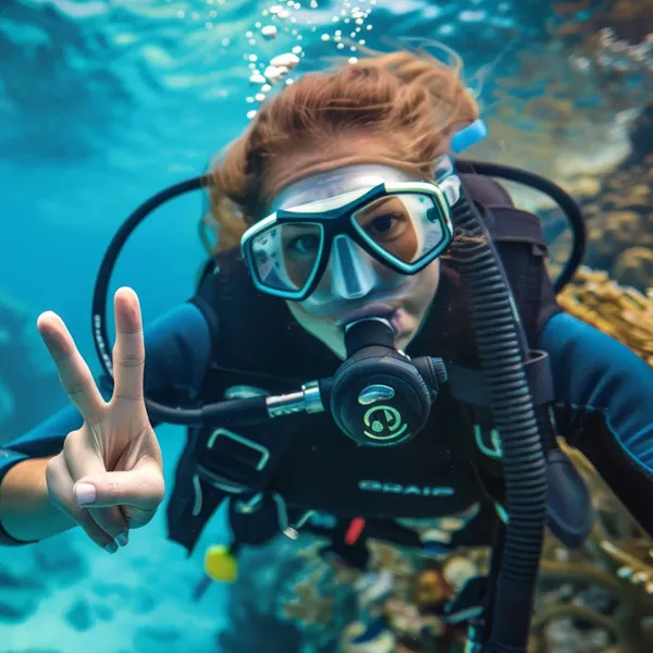 Scuba diver exploring a coral wall in clear blue water